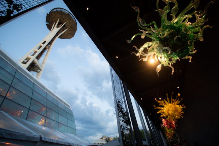 Seattle-Space-Needle-and-Chihuly-Glass-Art-view-from-below